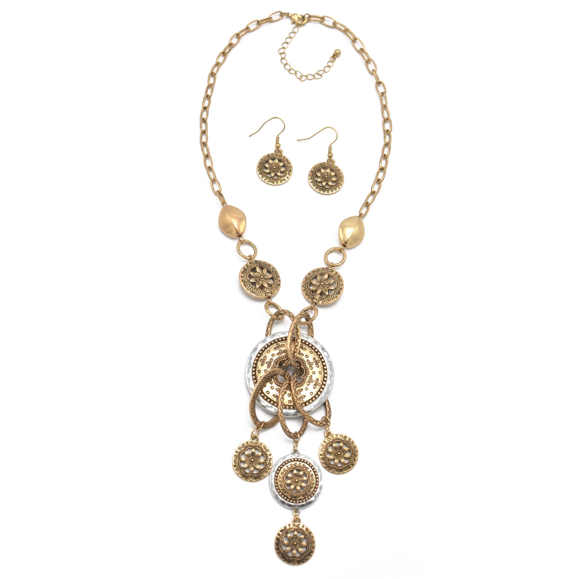 TWO-TONE FLOWER CHANDELIER NECKLACE AND EARRINGS SET#HNN+E86986TWO