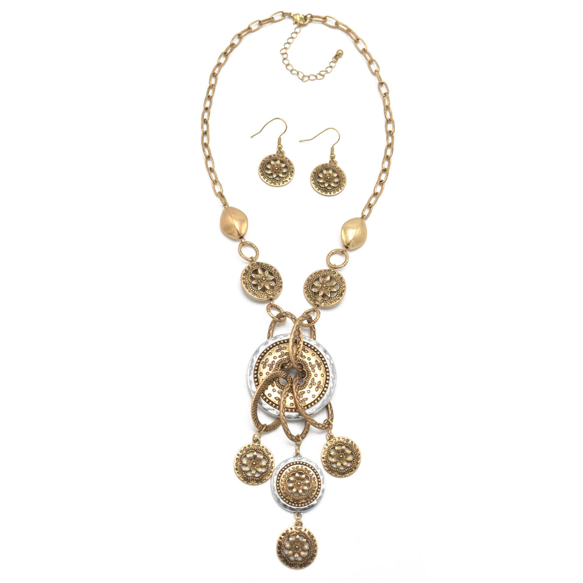 TWO-TONE FLOWER CHANDELIER NECKLACE AND EARRINGS SET#HNN+E86986TWO