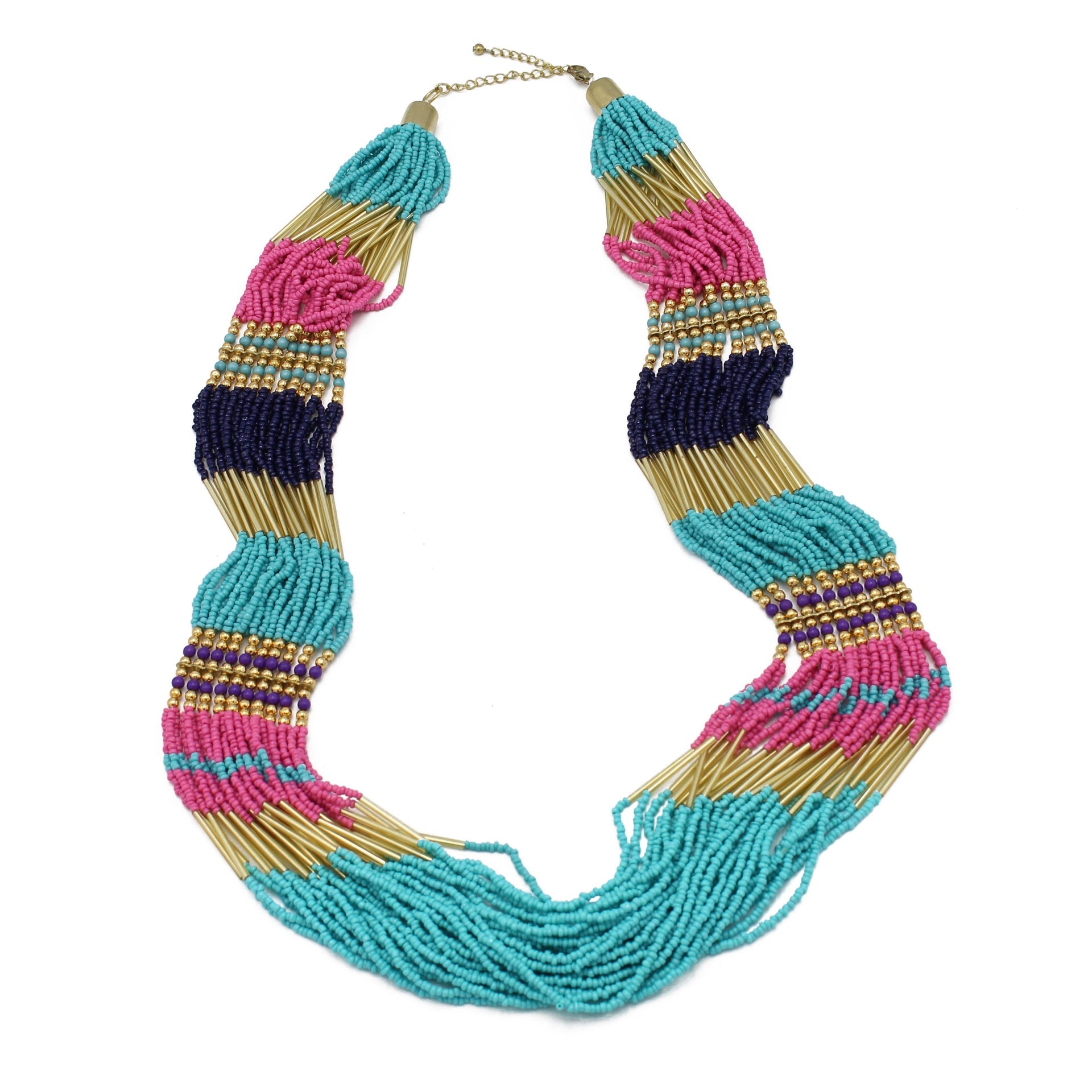 Gold Multicolor Seed Bead Statement Layer Necklace#N2216-MLT