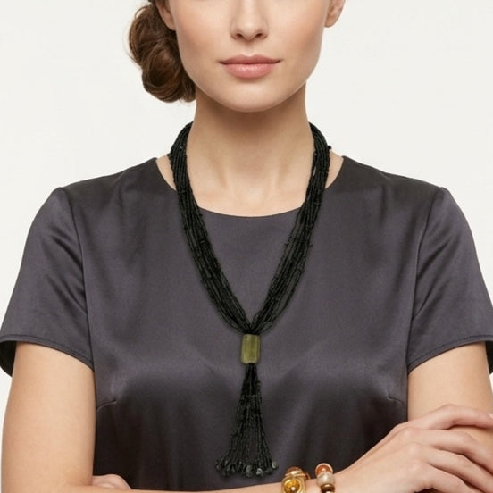 Black Multi Layered Seed Beads Tassel Long Necklace #N3101_BLACK (PF9)
