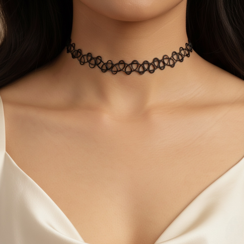 Black Crochet Stretch Tattoo Choker Necklace – Vintage 90s Style Elastic Choker #FW-CROCHNET