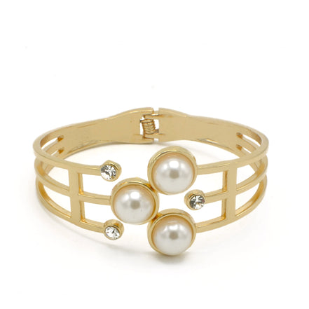 Gold Pearl Crystal Open Cuff Bracelet – Elegant Statement Costume Jewelry 2.5" # YS-7744 (DA3)