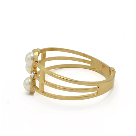 Gold Pearl Crystal Open Cuff Bracelet – Elegant Statement Costume Jewelry 2.5" # YS-7744 (DA3)