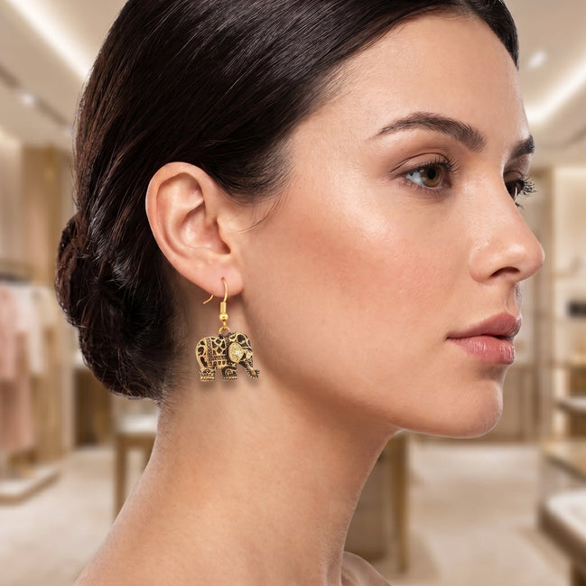 Women's Antique Gold-Tone Filigree Elephant Dangle Earrings | Vintage Boho Lucky Elephant Drop Earrings | Fashion Costume Jewelry (1.5")#SWR-CP5544AGLD (FE2/SF11/ME7)