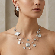 Silver 3 row Rhodium wire with hammered round disc necklace and earrings set #HNN+E87862RD (JC7/TD11)