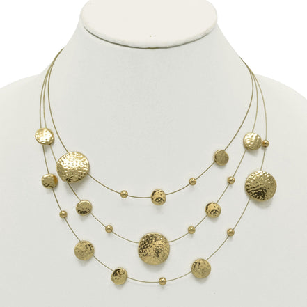 Gold 3 row Gold wire with round disc necklace and earring set #HNN+E87862GD (TE7)