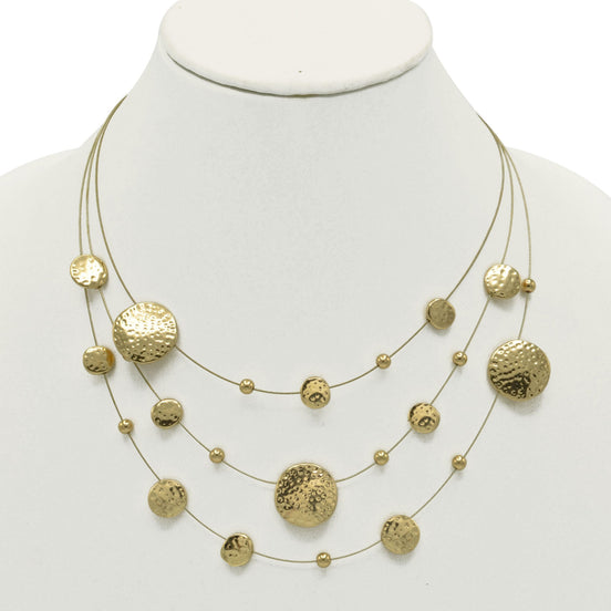 Gold 3 row Gold wire with round disc necklace and earring set #HNN+E87862GD (TE7)