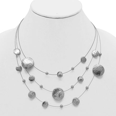 Silver 3 row Rhodium wire with hammered round disc necklace and earrings set #HNN+E87862RD (JC7/TD11)