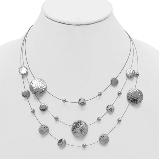 Silver 3 row Rhodium wire with hammered round disc necklace and earrings set #HNN+E87862RD (JC7/TD11)