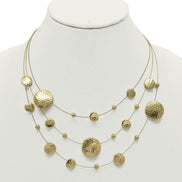 Gold 3 row Gold wire with round disc necklace and earring set #HNN+E87862GD (TE7)