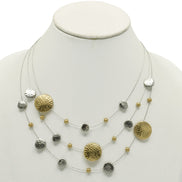 Gold and Silver Tone 3 row wire with round disc necklace and earring set#HNN+E87862TW (TD13/AE18)