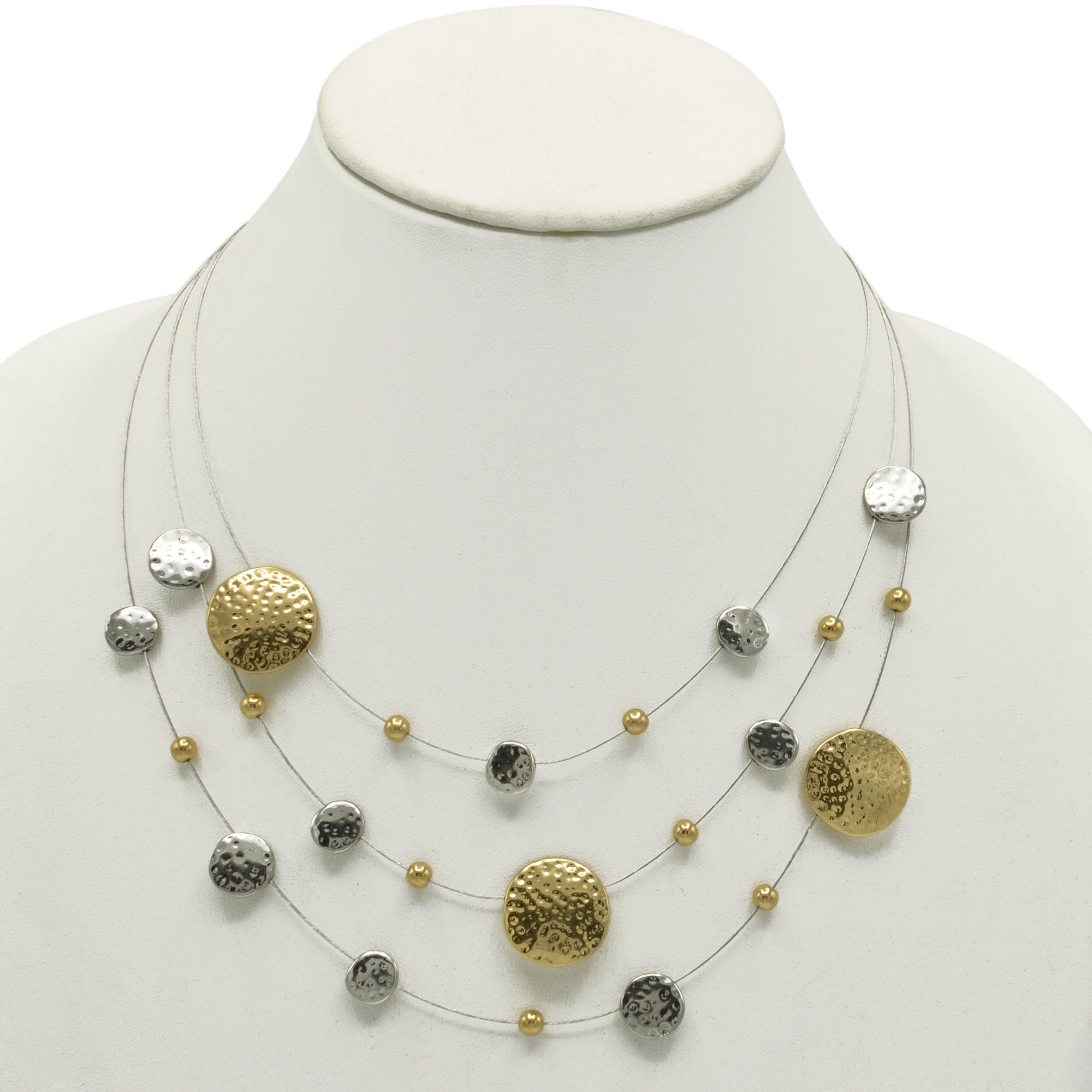 Gold and Silver Tone 3 row wire with round disc necklace and earring set#HNN+E87862TW (TD13/AE18)