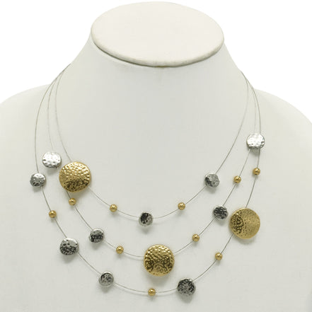 Gold and Silver Tone 3 row wire with round disc necklace and earring set#HNN+E87862TW (TD13/AE18)