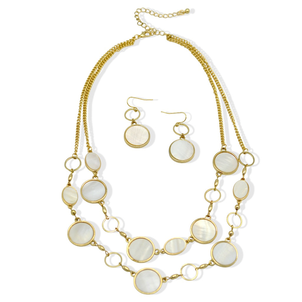 Elegant Mother-of-Pearl Style Gold-Tone Statement Necklace and Earrings Set #SQ4575(OE-OD27/RF13-RD14/Q7)
