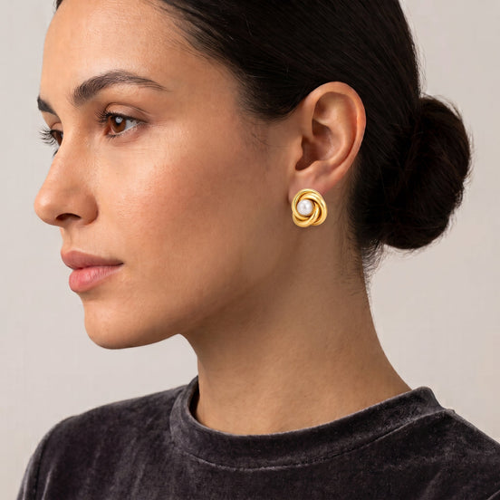 Tazza Women's Gold-Tone Love Knot Faux Pearl Stud Earrings | Vintage Twisted Swirl Button Earrings | Elegant Fashion Costume Jewelry0.8" #SWR-CP5602 GLD(GB17)