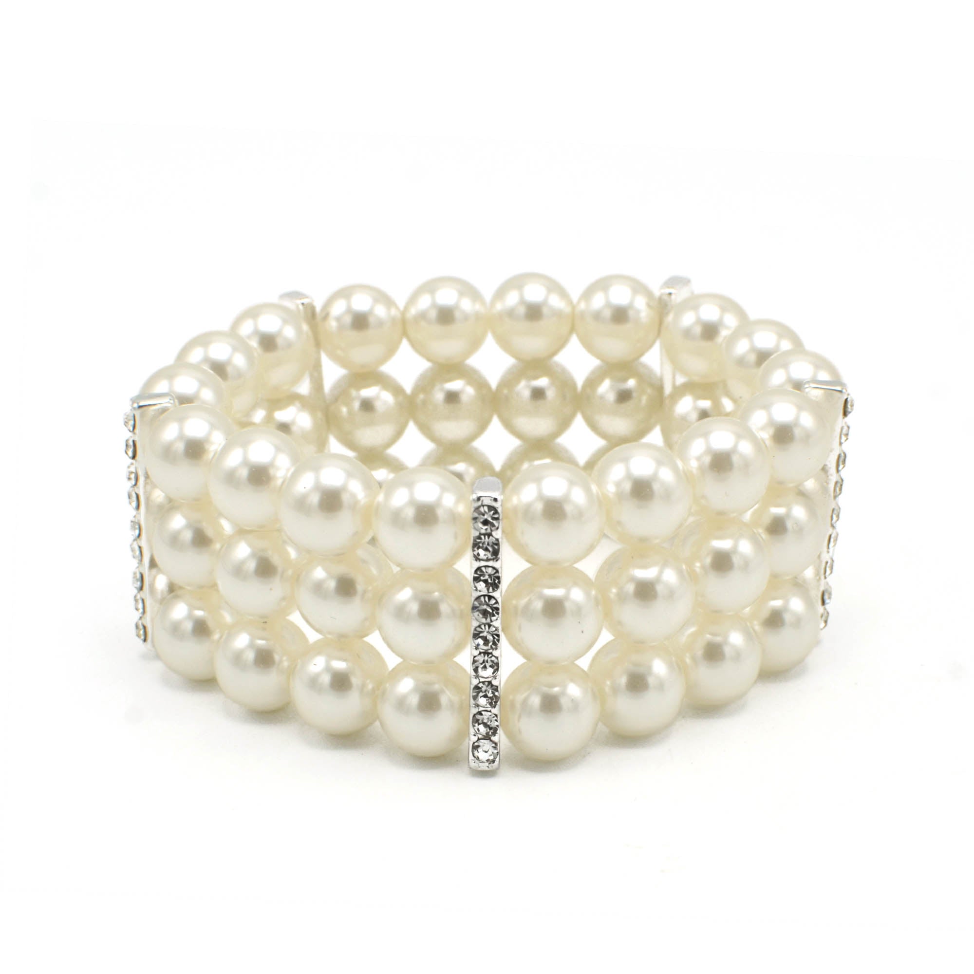 SILVER CREAM  PEARL 3 ROW MEMORY WIRE STRETCH BRACELET #Q4588S()