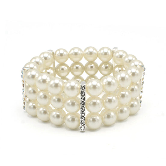 SILVER CREAM  PEARL 3 ROW MEMORY WIRE STRETCH BRACELET #Q4588S()