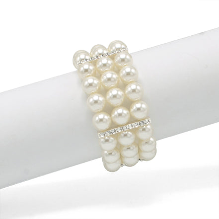 SILVER CREAM  PEARL 3 ROW MEMORY WIRE STRETCH BRACELET #Q4588S()