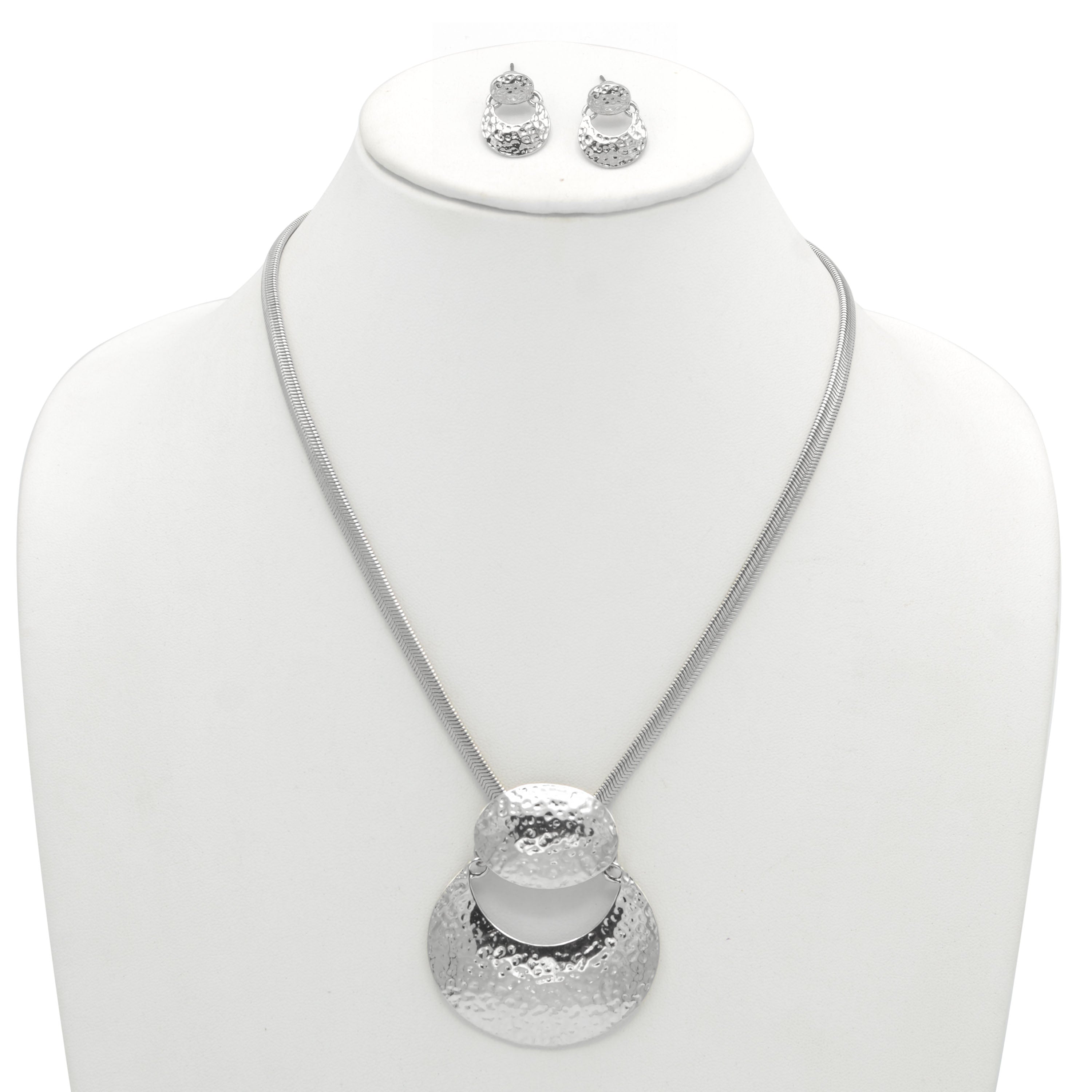 Rhodium Hammered Pendant Snake Chain Necklace And Earrings Set #SQ2223RH2(NB11-NC11)