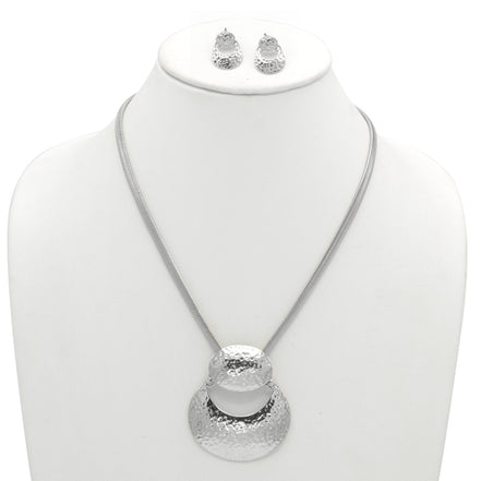 Rhodium Hammered Pendant Snake Chain Necklace And Earrings Set #SQ2223RH2(NB11-NC11)