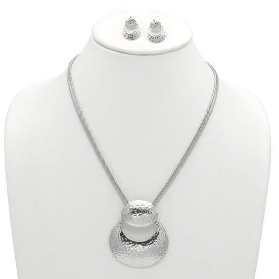 Rhodium Hammered Pendant Snake Chain Necklace And Earrings Set #SQ2223RH2(NB11-NC11)