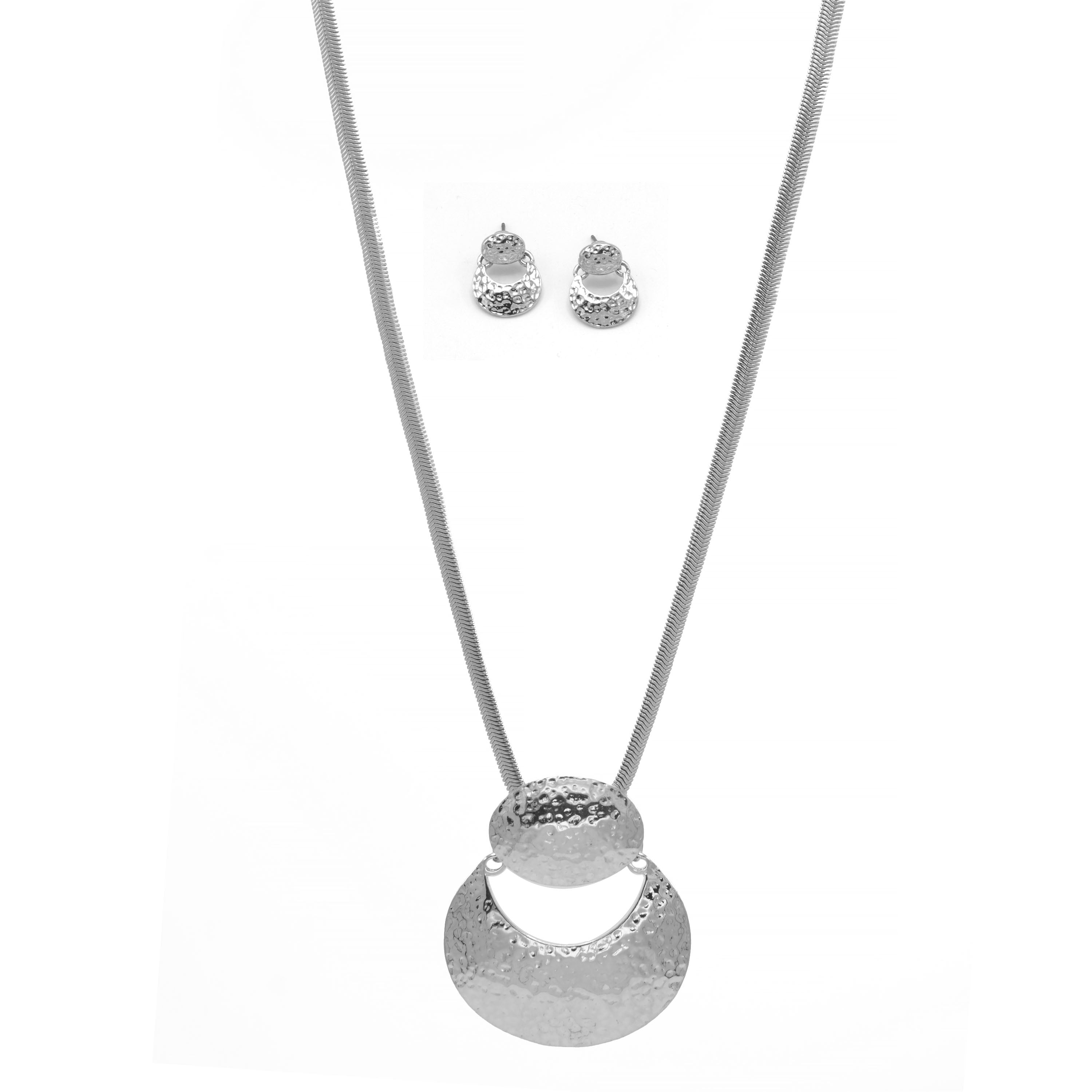 Rhodium Hammered Pendant Snake Chain Necklace And Earrings Set #SQ2223RH2(NB11-NC11)