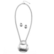 Rhodium Hammered Pendant Snake Chain Necklace And Earrings Set #SQ2223RH2(NB11-NC11)