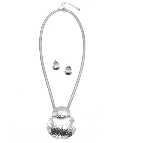 Rhodium Hammered Pendant Snake Chain Necklace And Earrings Set #SQ2223RH2(NB11-NC11)