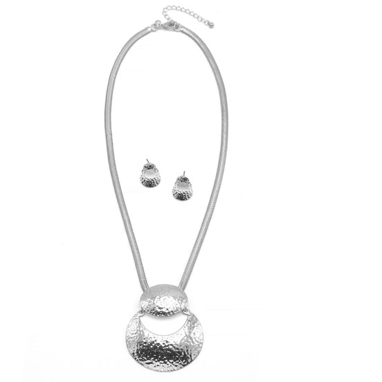 Rhodium Hammered Pendant Snake Chain Necklace And Earrings Set #SQ2223RH2(NB11-NC11)