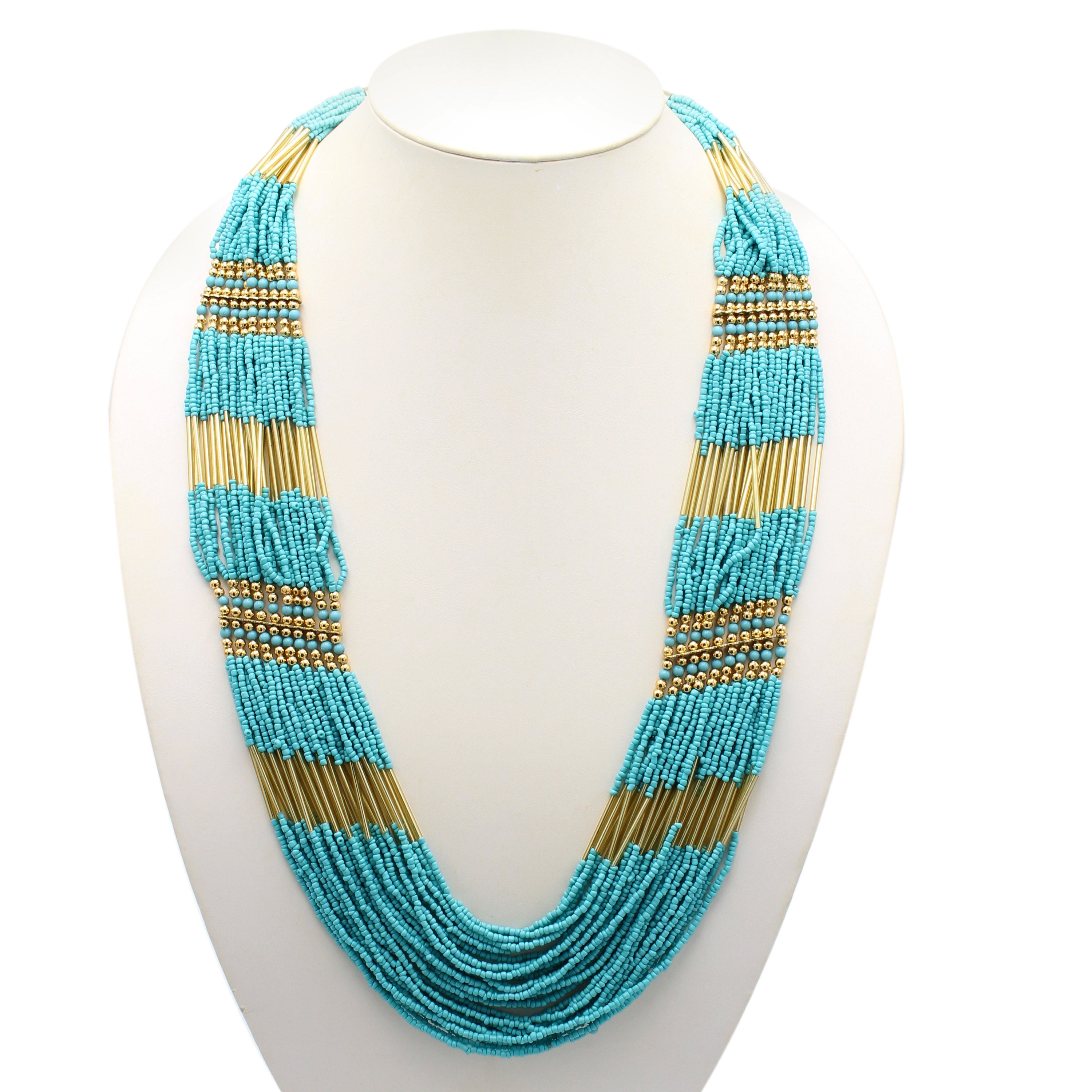 GOLD TURQUOISE SEED BEAD STATEMENT NECKLACE#N2216TRQ (DF7)