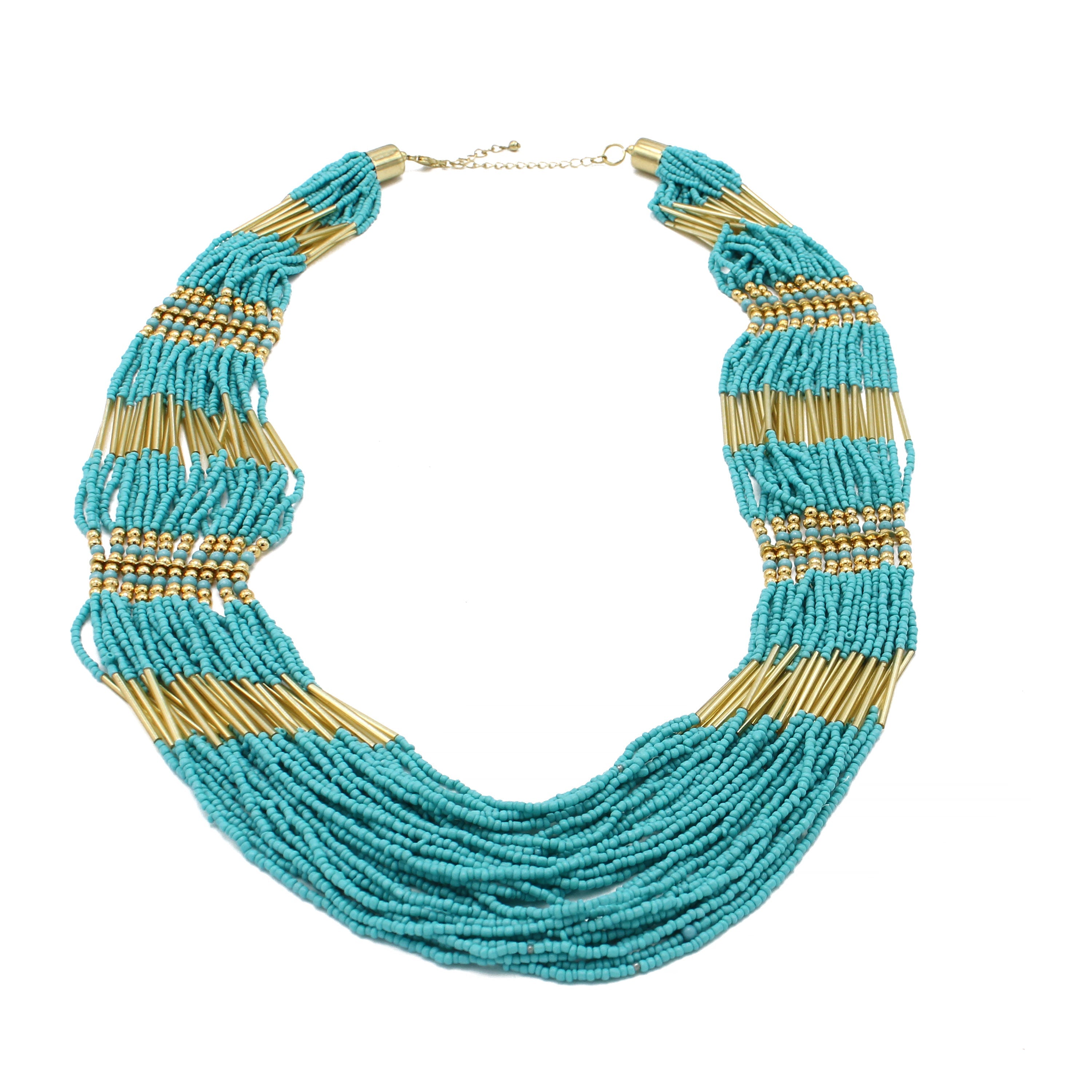 GOLD TURQUOISE SEED BEAD STATEMENT NECKLACE#N2216TRQ (DF7)
