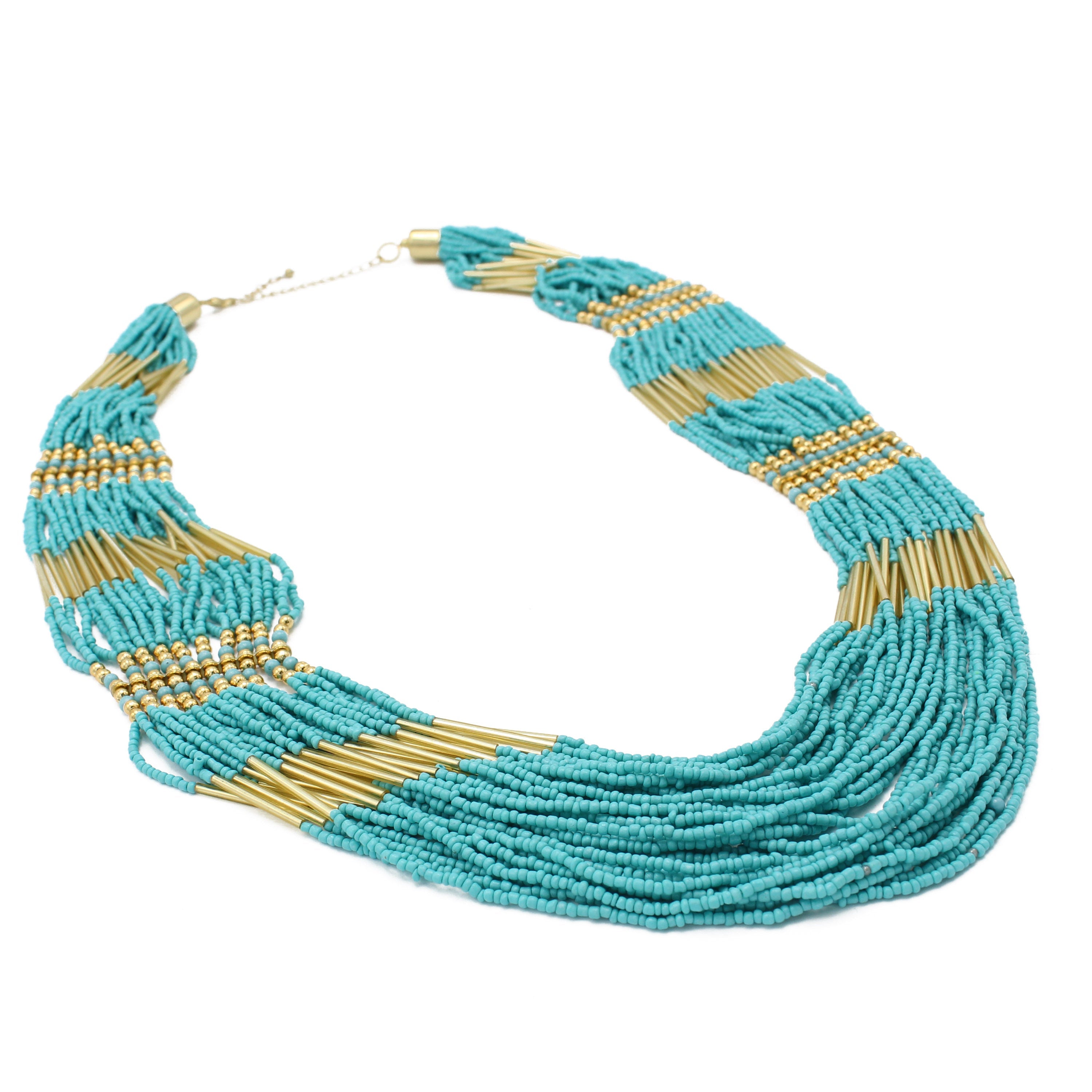 GOLD TURQUOISE SEED BEAD STATEMENT NECKLACE#N2216TRQ (DF7)