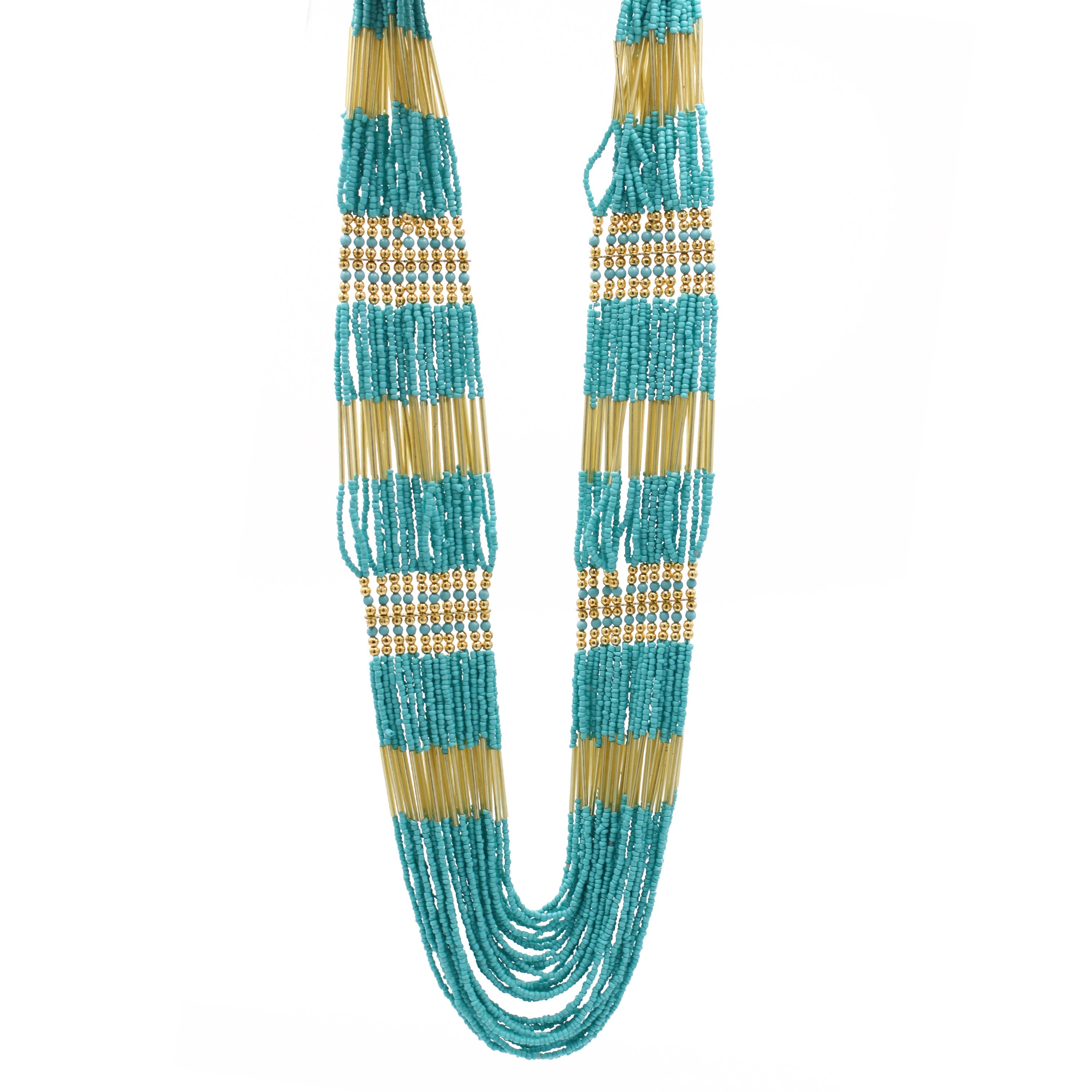 GOLD TURQUOISE SEED BEAD STATEMENT NECKLACE#N2216TRQ (DF7)