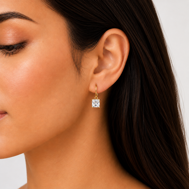 Gold Tone Clear Square  Leverback Earrings for Women – 0.8" Dangle Earrings | Elegant Fashion Jewelry #SQ787-E7715-1SCR(AD12)