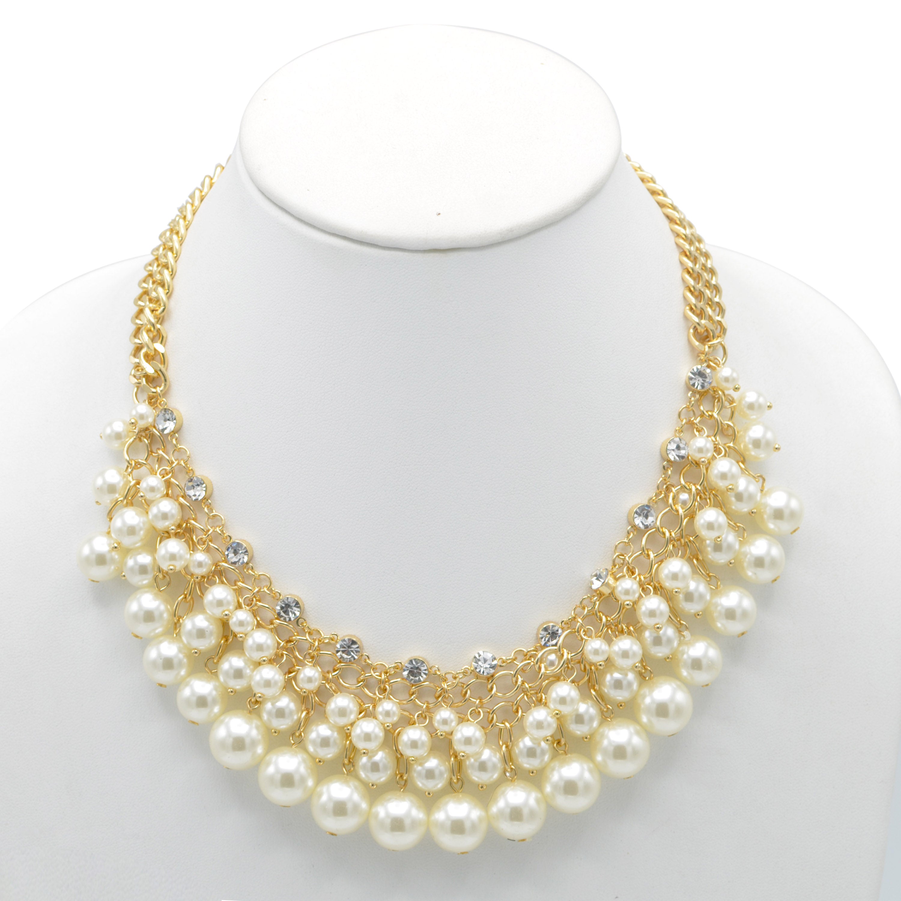 GOLD CREAM PEARL AND CRYSTAL NECKLACE AND EARRINGS SET #HNN+E88459GDCM