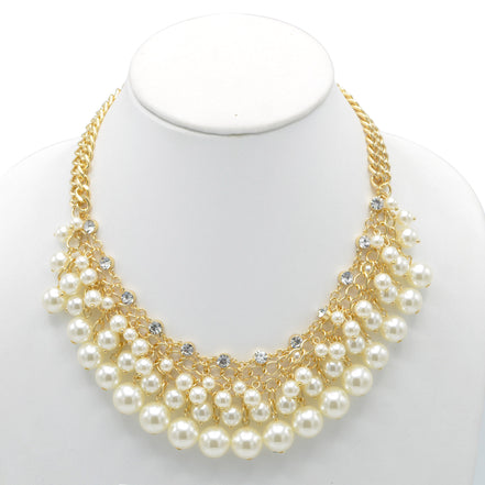 GOLD CREAM PEARL AND CRYSTAL NECKLACE AND EARRINGS SET #HNN+E88459GDCM
