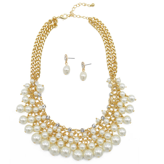 GOLD CREAM PEARL AND CRYSTAL NECKLACE AND EARRINGS SET #HNN+E88459GDCM