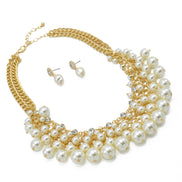 GOLD CREAM PEARL AND CRYSTAL NECKLACE AND EARRINGS SET #HNN+E88459GDCM