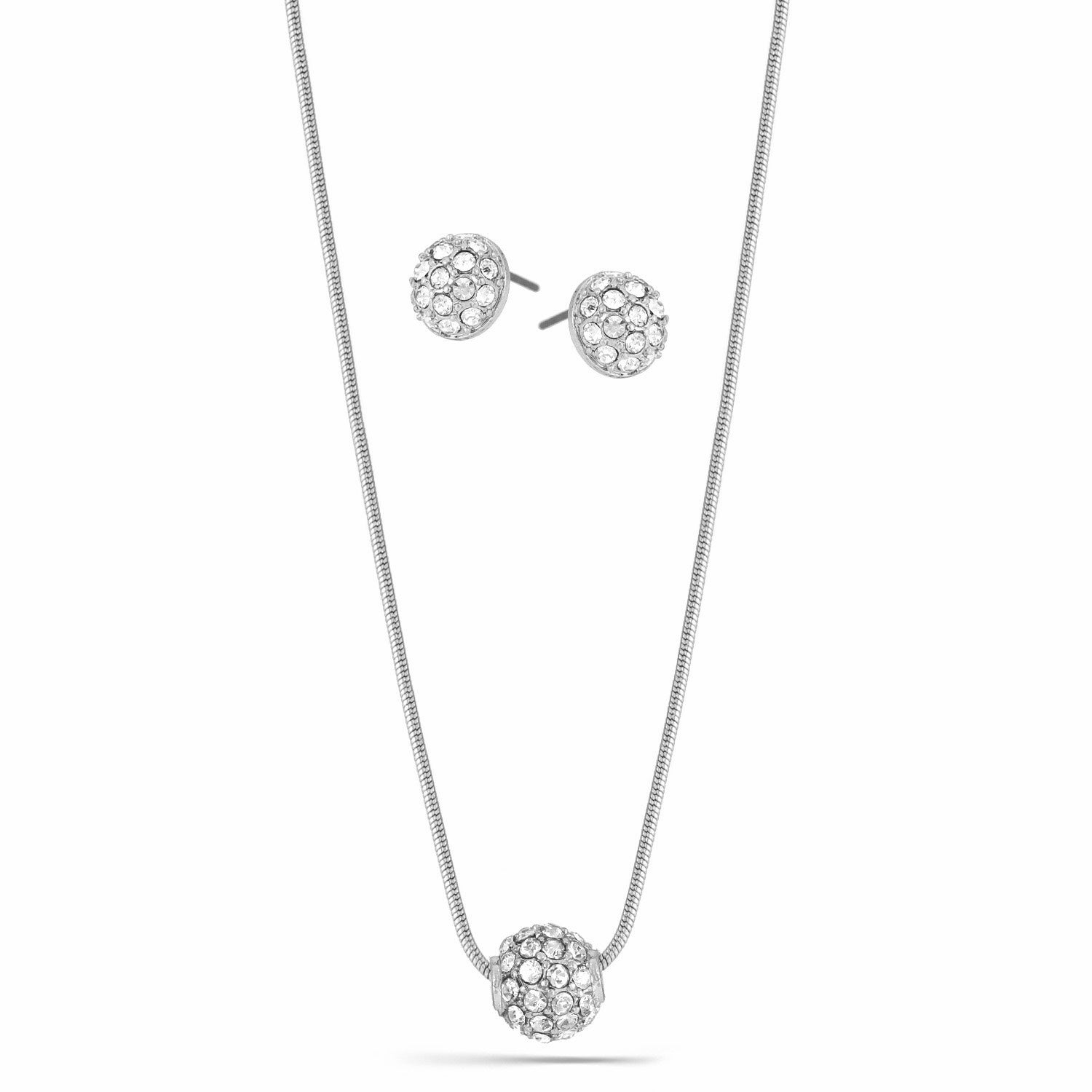 SILVER Pave Crystal Ball Pendant Necklace And Earrings Set #HNN+E3155-SIL/CRY (RD17/RC18)