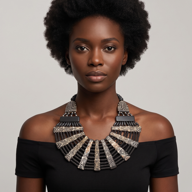 DARK BROWN RESIN AND BONE STATEMENT NECKLACE #FWNK-1905-04