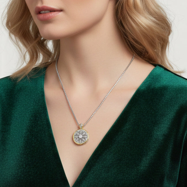 TWO TONE CRYSTAL MARCASITE FINISH  REVERSIBLE PENDANT NECKLACE  # 62988EH(FE16)