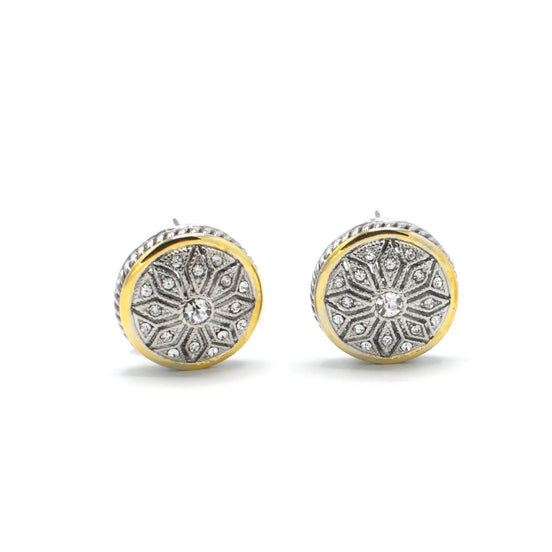 TWO TONE CRYSTAL MARCASITE FINISH ROUND EARRINGS # 62988ER(FE15)