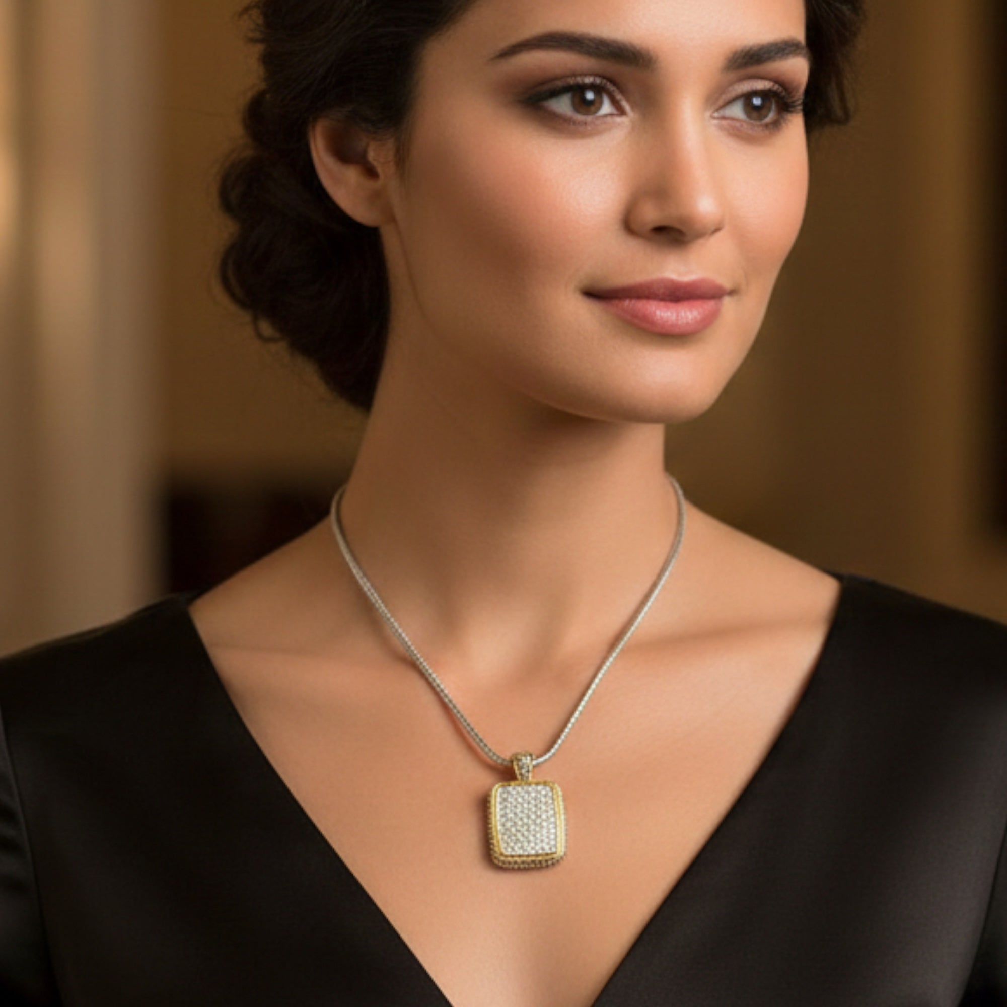 Two-Tone Pave crystal engraved Pendant necklace #12504EH-SIL   FC15