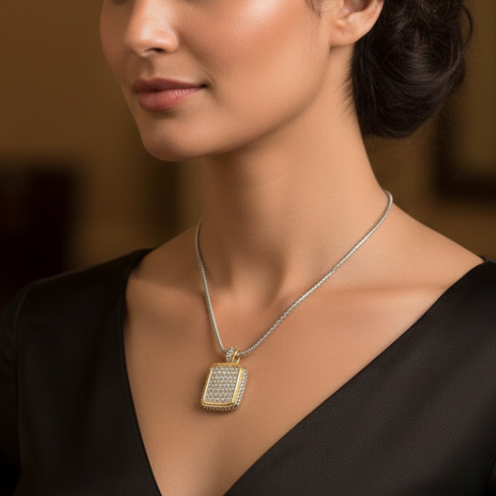 Two-Tone Pave crystal engraved Pendant necklace #12504EH-SIL   FC15