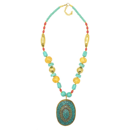 GOLD TURQUOISE PENDANT MULTI COLOR BEADS NECKLACES #FWNK-1702-53