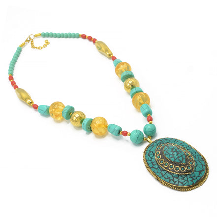 GOLD TURQUOISE PENDANT MULTI COLOR BEADS NECKLACES #FWNK-1702-53