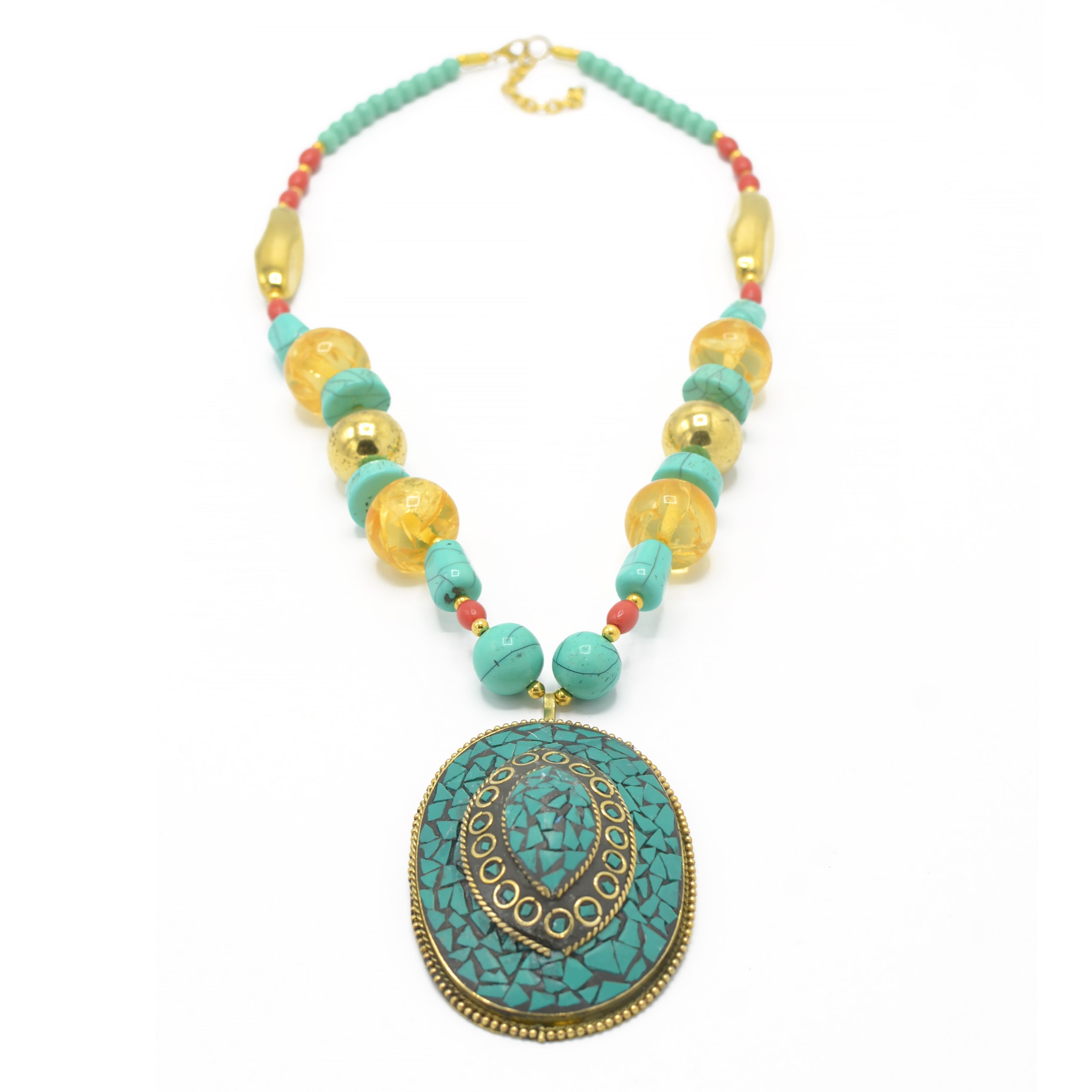 GOLD TURQUOISE PENDANT MULTI COLOR BEADS NECKLACES #FWNK-1702-53