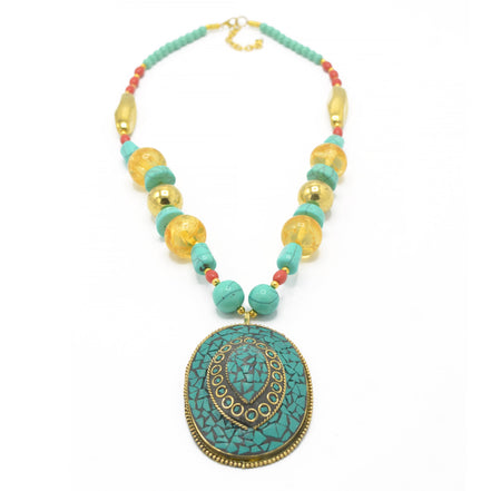 GOLD TURQUOISE PENDANT MULTI COLOR BEADS NECKLACES #FWNK-1702-53