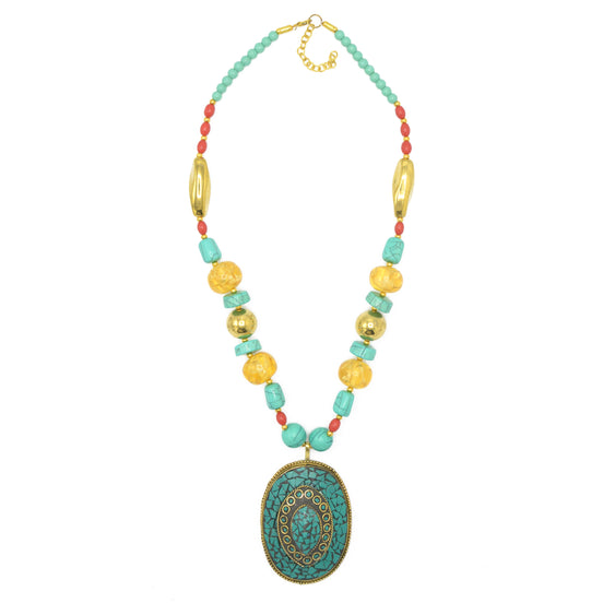 GOLD TURQUOISE PENDANT MULTI COLOR BEADS NECKLACES #FWNK-1702-53