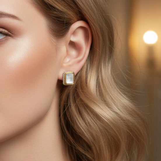 TWO TONE MOTHER OF PEARL ENGRAVED STUD EARRING #12505ER-MOP